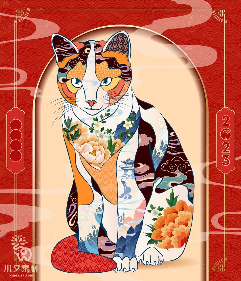 卡通创意趣味日中国风招财猫猫咪元宝新年插画海报AI矢量设计素材【024】